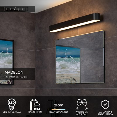 Lucide MADELON - Lámpara de pared Baño - LED - 1x9W 2700K - IP44 - Negro